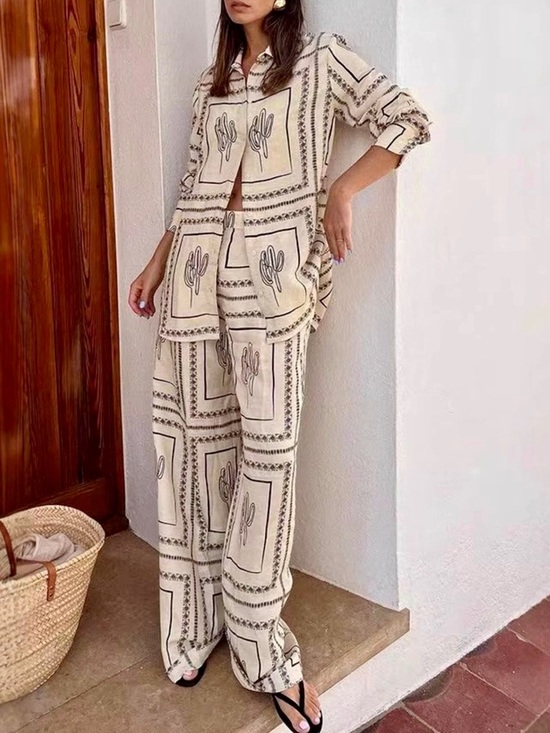 Pants - ❤️Hello Gorgeous! Desert Tile Print Cactus Print Button Up Shirt and Pants Set